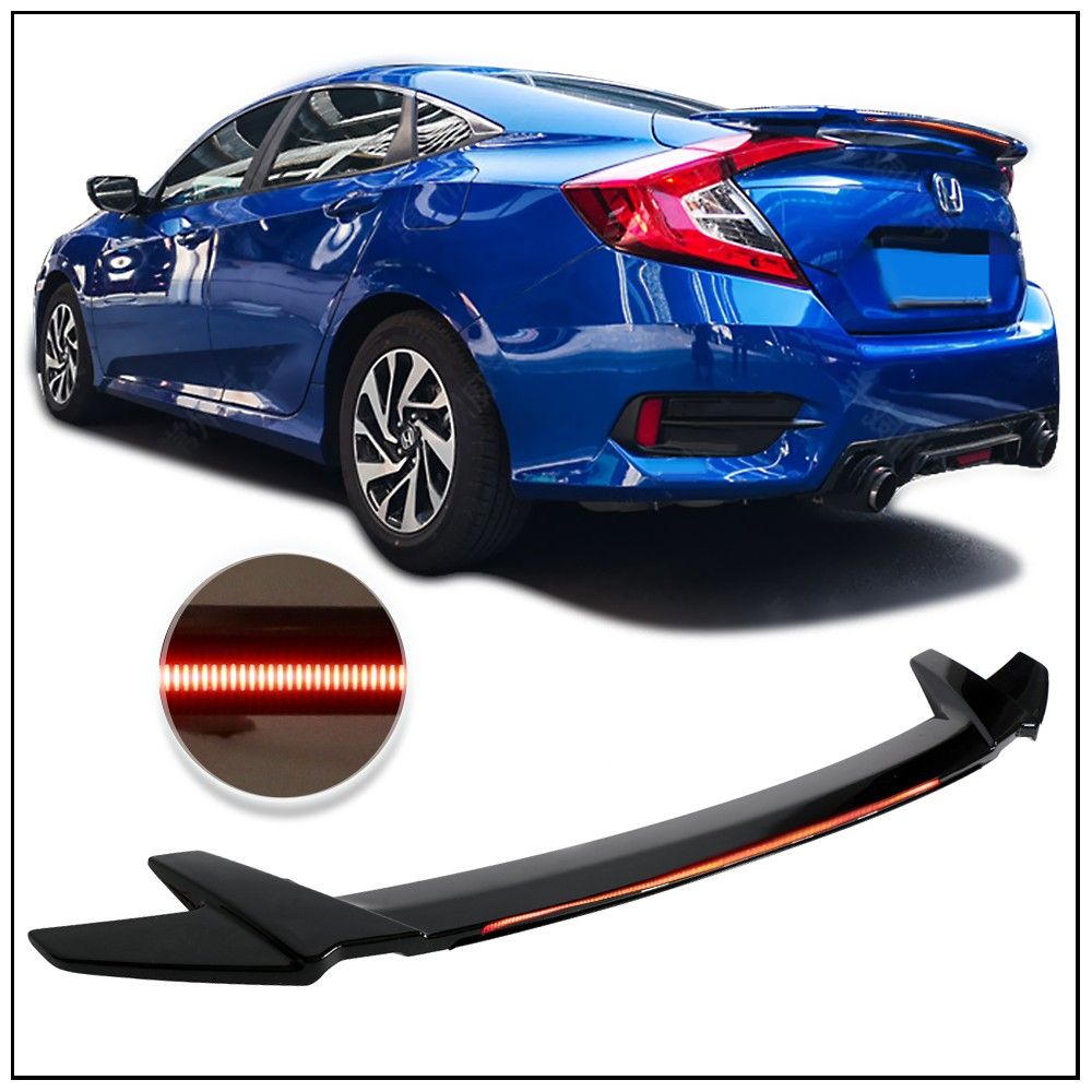 2016 2018 Honda Civic Sedan Long LED Style Trunk Spoiler Gloss Black