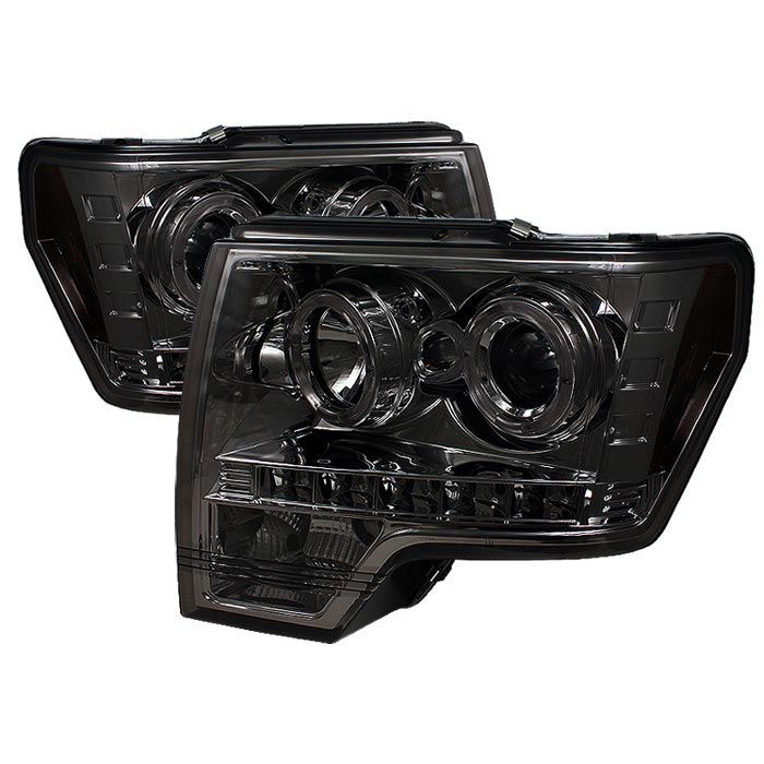 2009-2013 Ford F150 Smoke Halo Projector Headlights - 444-FF15009-HL-SM